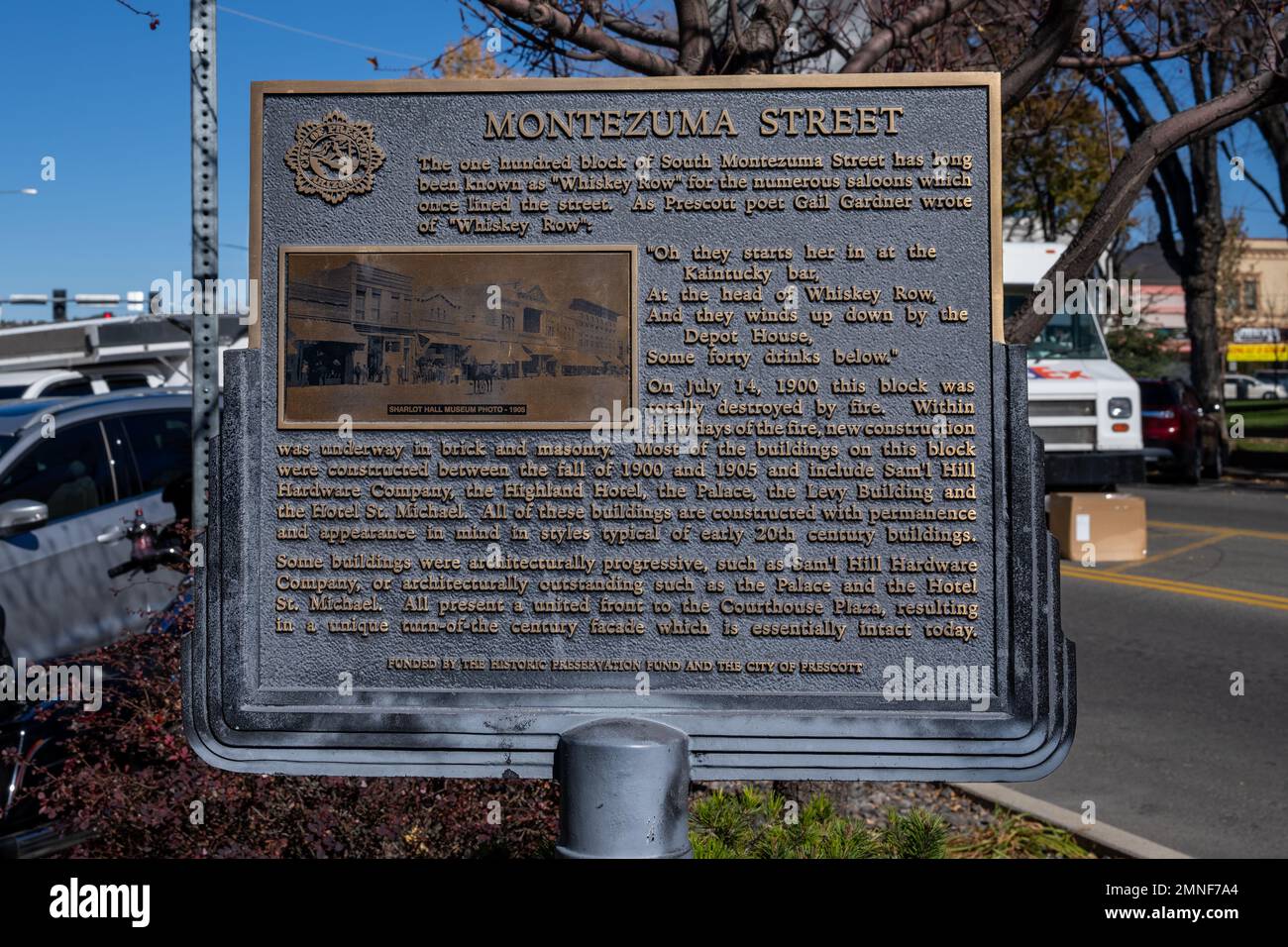 Prescott, AZ - Nov. 17, 2022: Sign with the history of Montezuma Street also known as Whiskey Row for the saloons that once lined the street. Stock Photo