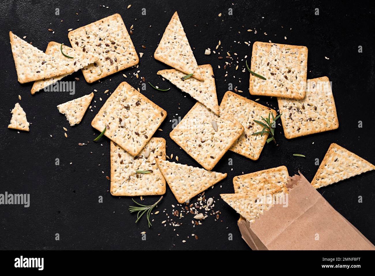 top view crackers with paper bag. Beautiful photo Stock Photo