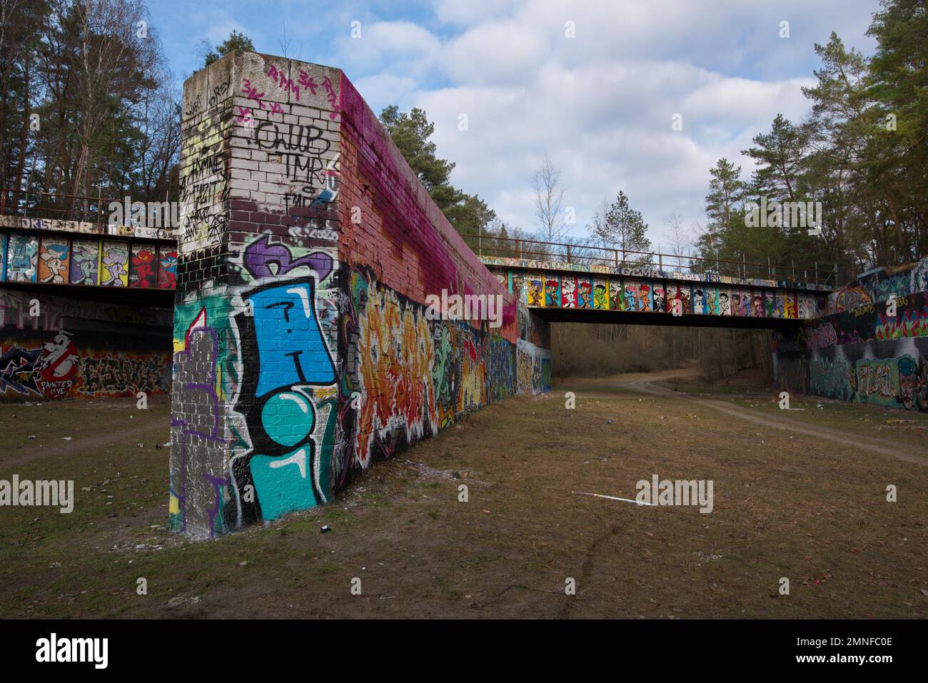 Bridge of the historic Stammbahn, below which was the former transit motorway from West Berlin to the FRG, near Kleinmachnow, Germany Stock Photo