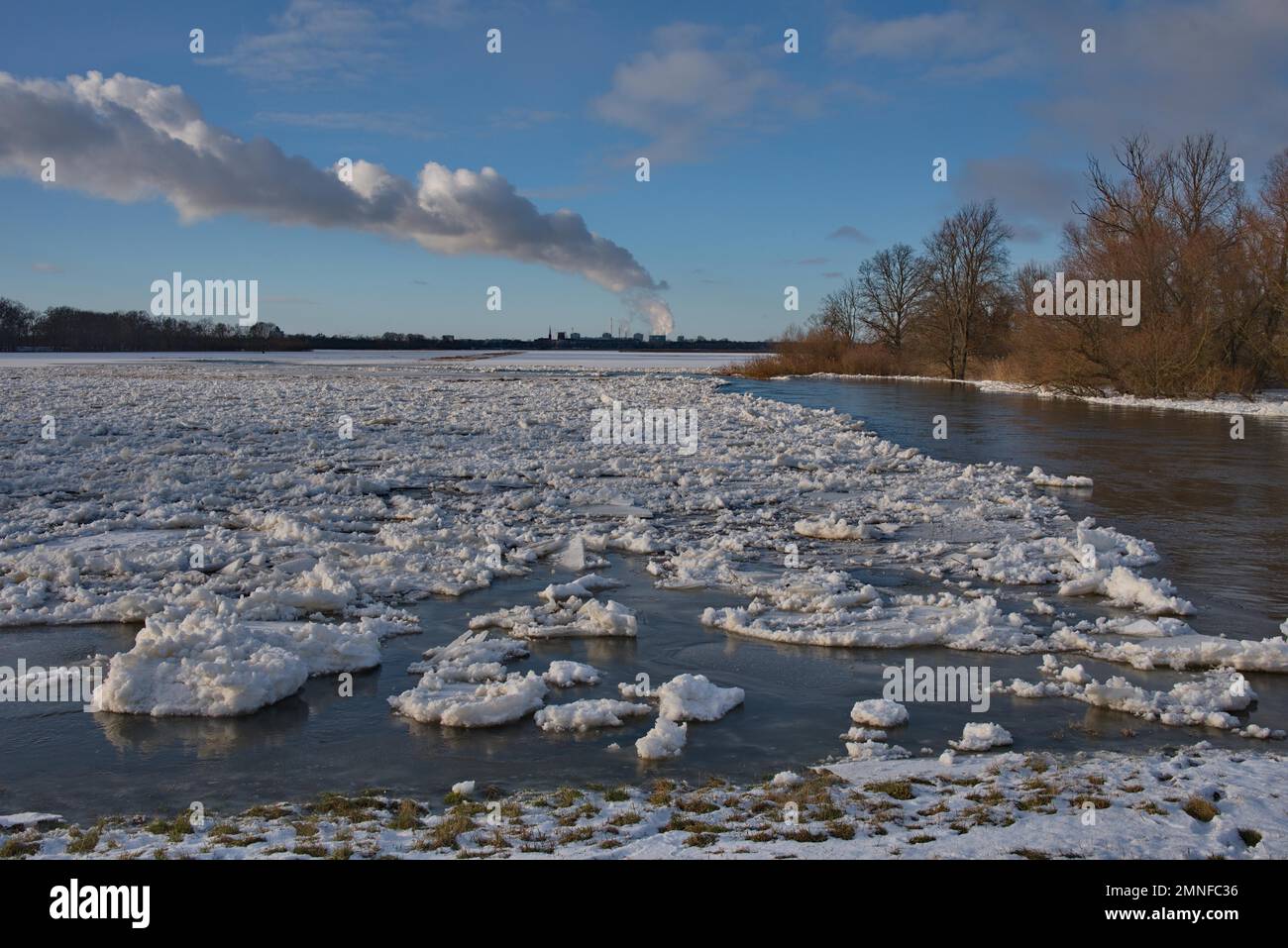 Sunny, cold winter day with ice floes on the Oder river in the Lower Oder Valley National Park near Schwedt, Germany Stock Photo