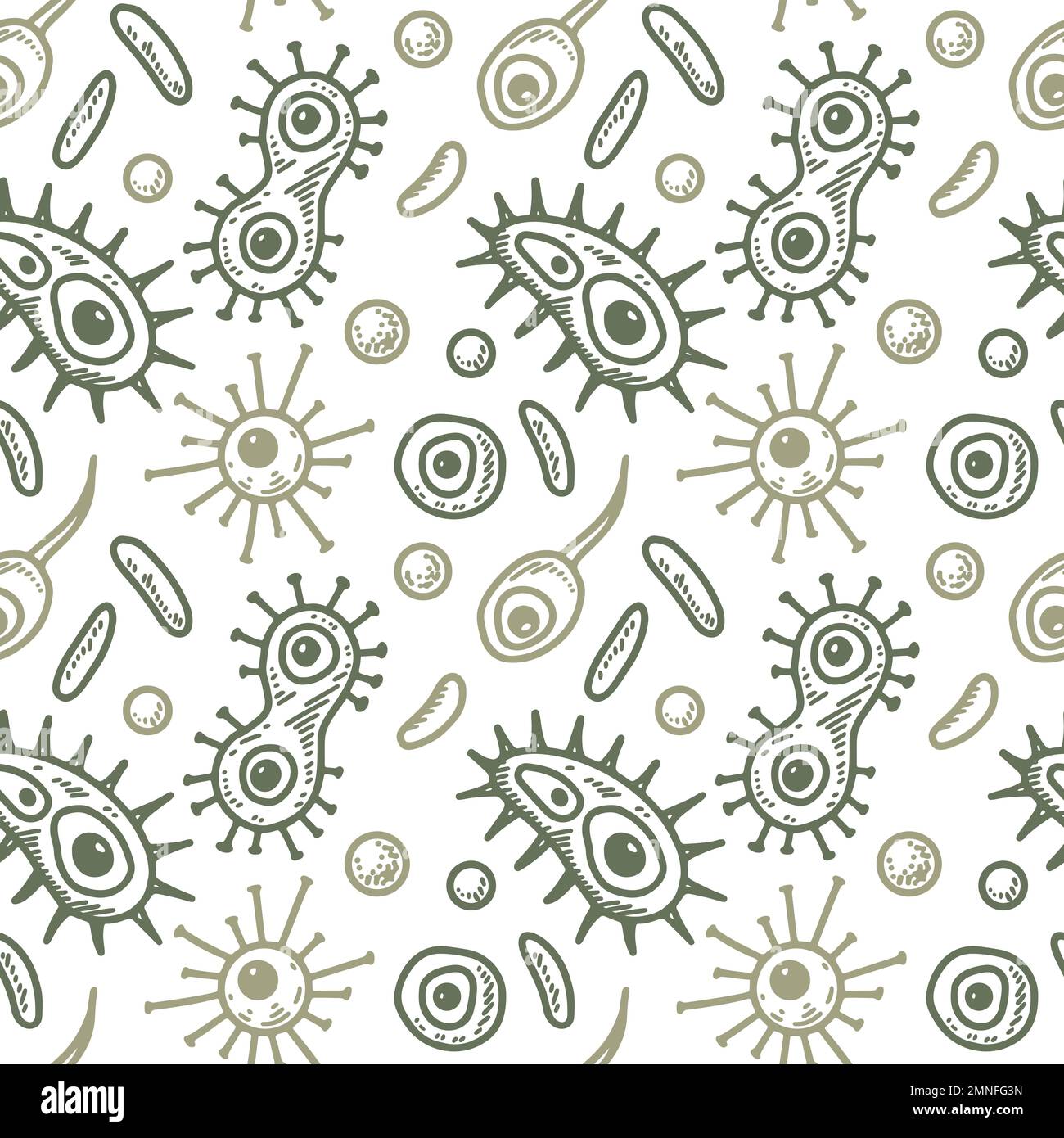 Unicellular microorganism seamless pattern. Scientific vector illustration in sketch style. Doodle background Stock Vector