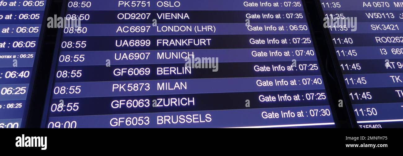 Scoreboard in international airport with names flights and cities Stock ...