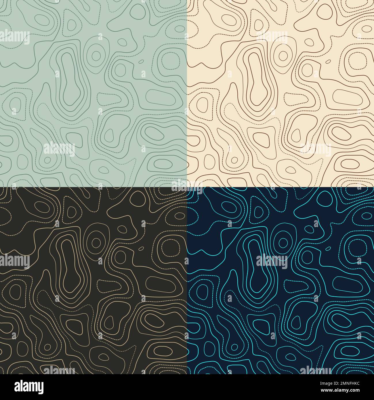 Topography patterns. Seamless elevation map tiles. Appealing isoline background. Beautiful tileable patterns. Vector illustration. Stock Vector