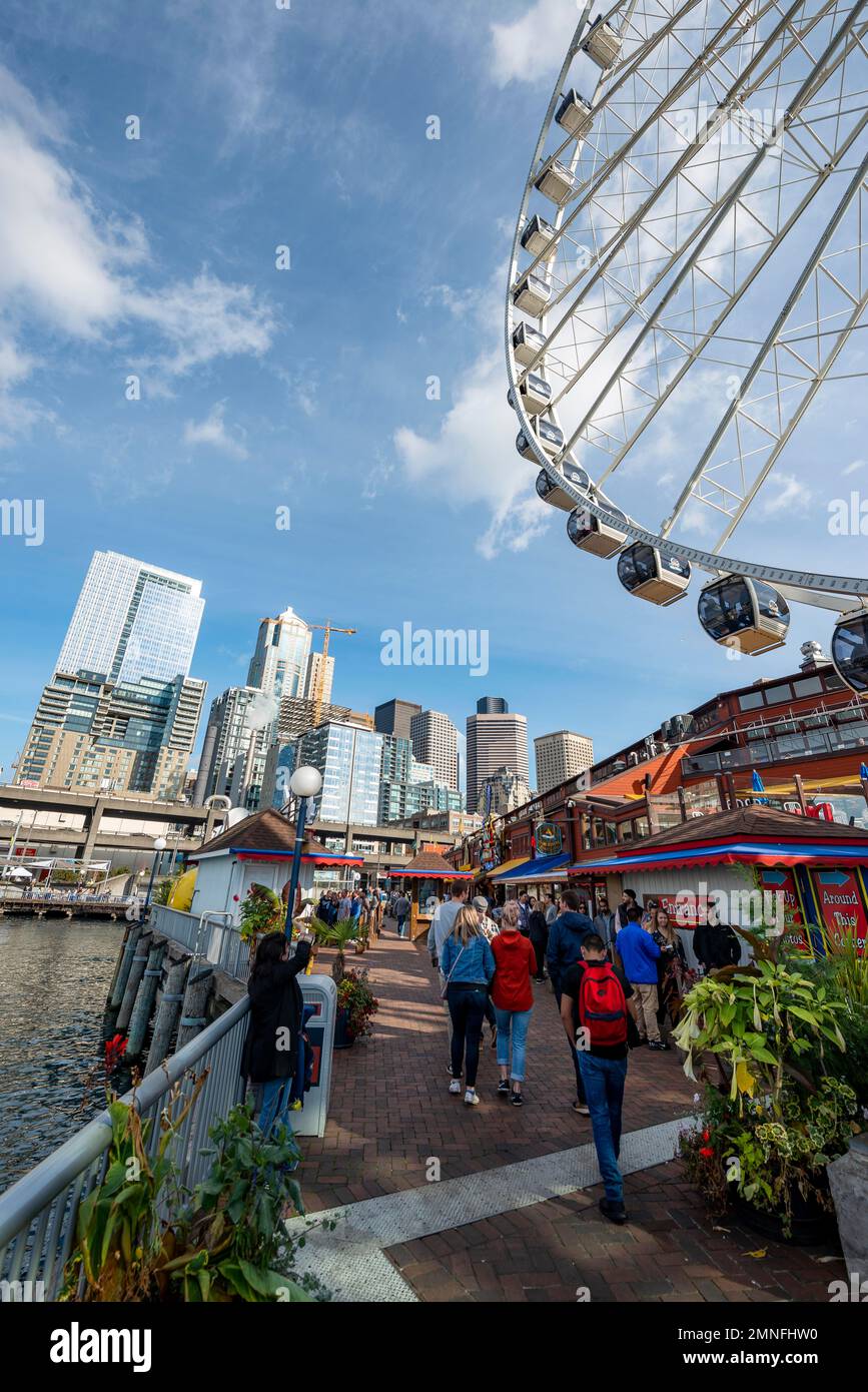Waterfront with The Seattle Great Wheel, skyscrapers behind, Pier 57