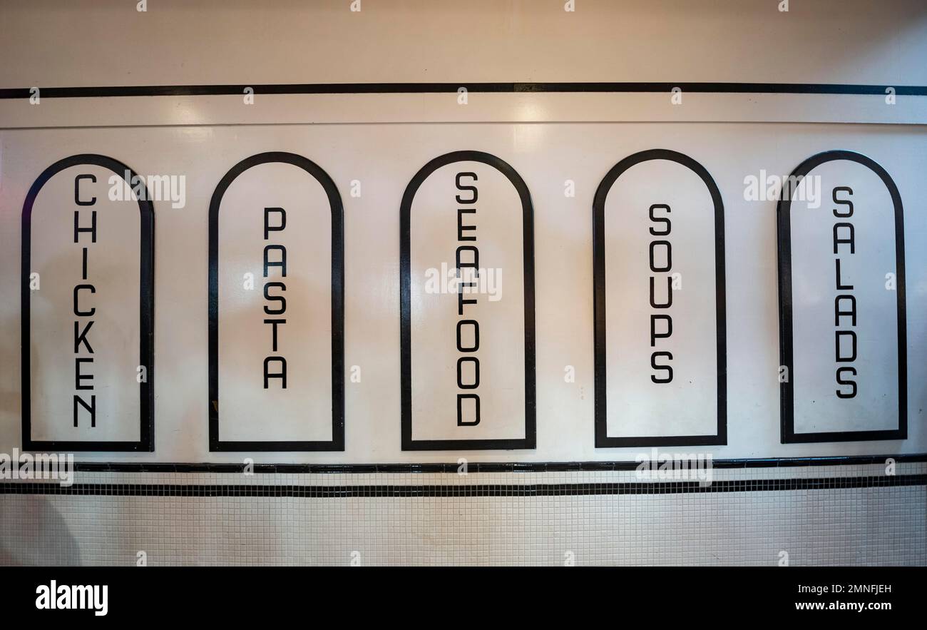 Signs saying Chicken, Pasta Seafood, Soups, Salads, Public Market