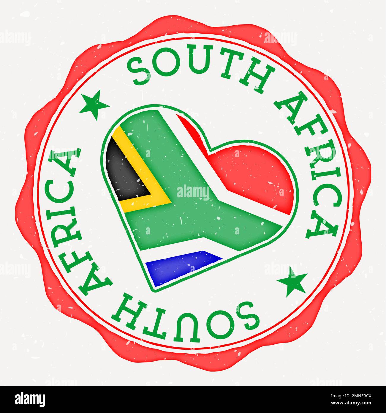 South Africa heart flag logo. Country name text around South Africa flag in a shape of heart. Neat vector illustration. Stock Vector