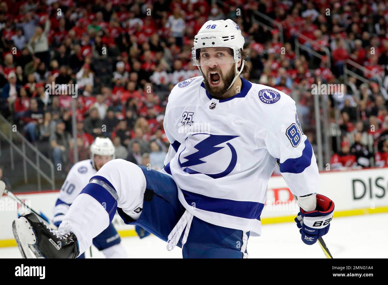 Tampa Bay Lightning right wing Nikita Kucherov, of Russia, celebrates his  goal against the New Jersey Devils during the first period of Game 4 of an  NHL first-round hockey playoff series, Wednesday,