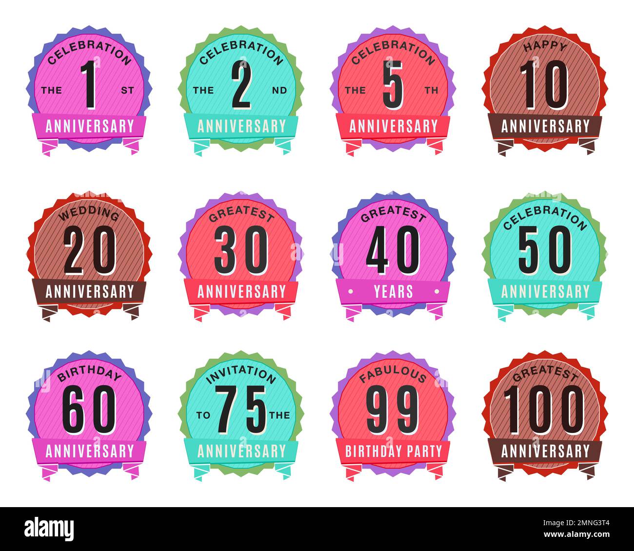 Anniversary Logo Templates Set. Wedding badges in flat modern style and different color palletes. Birthday anniversary labels. Stock vector designs. Stock Vector