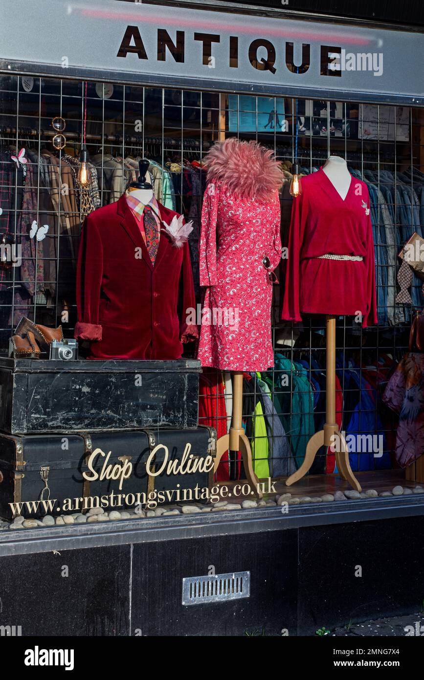 Vintage clothes in the the window of Armstrong's vintage clothing store in Edinburgh, Scotland, UK. Stock Photo