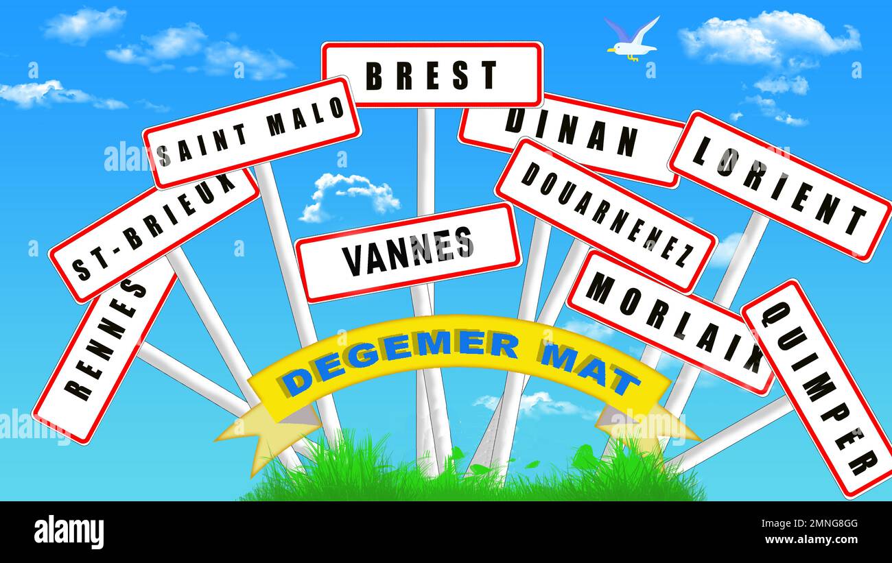 Mix of rounded panels of towns in Brittany and a panel in the