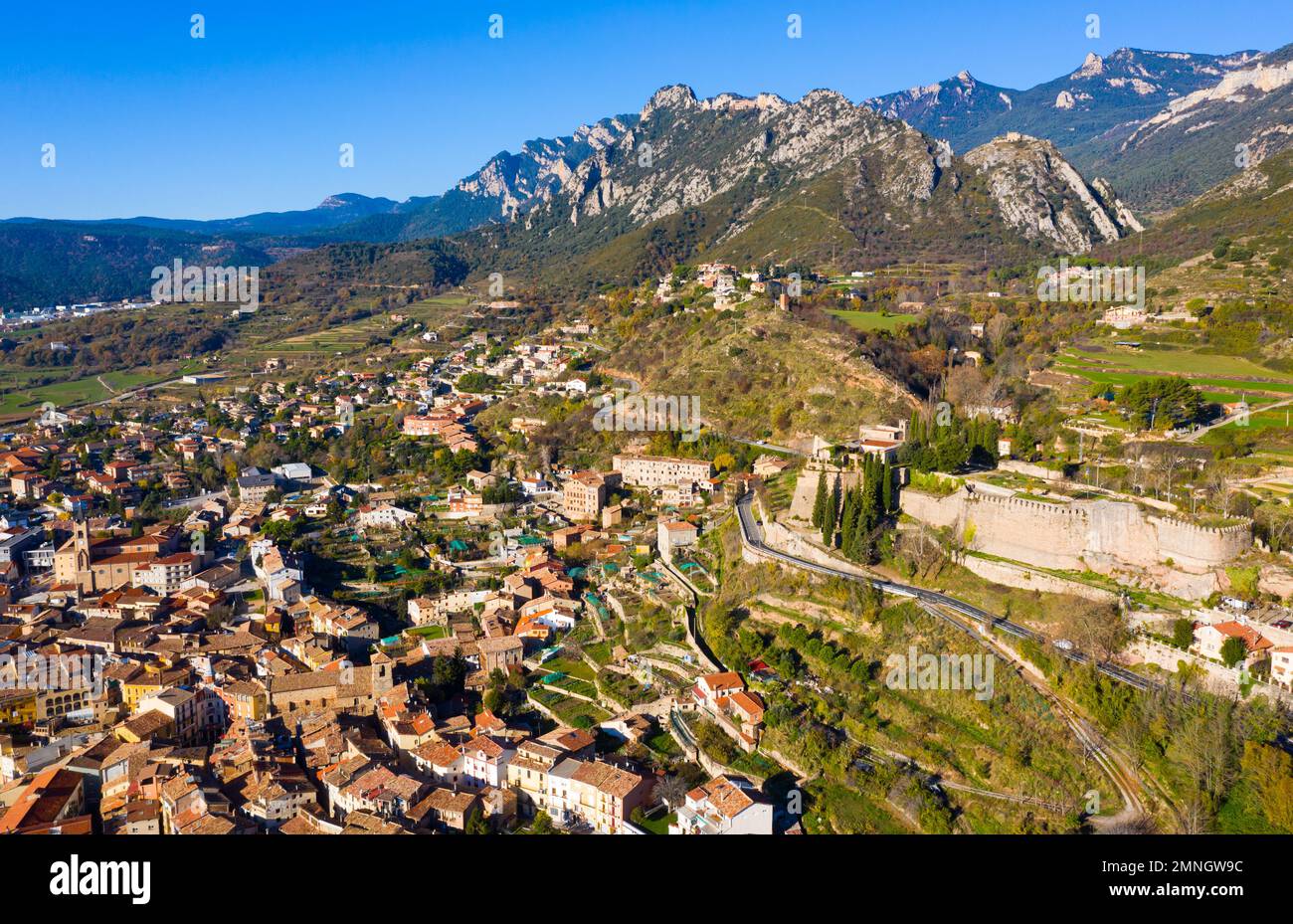 top view of landscape with buildings and mountains in Berga in Spain Stock Photo