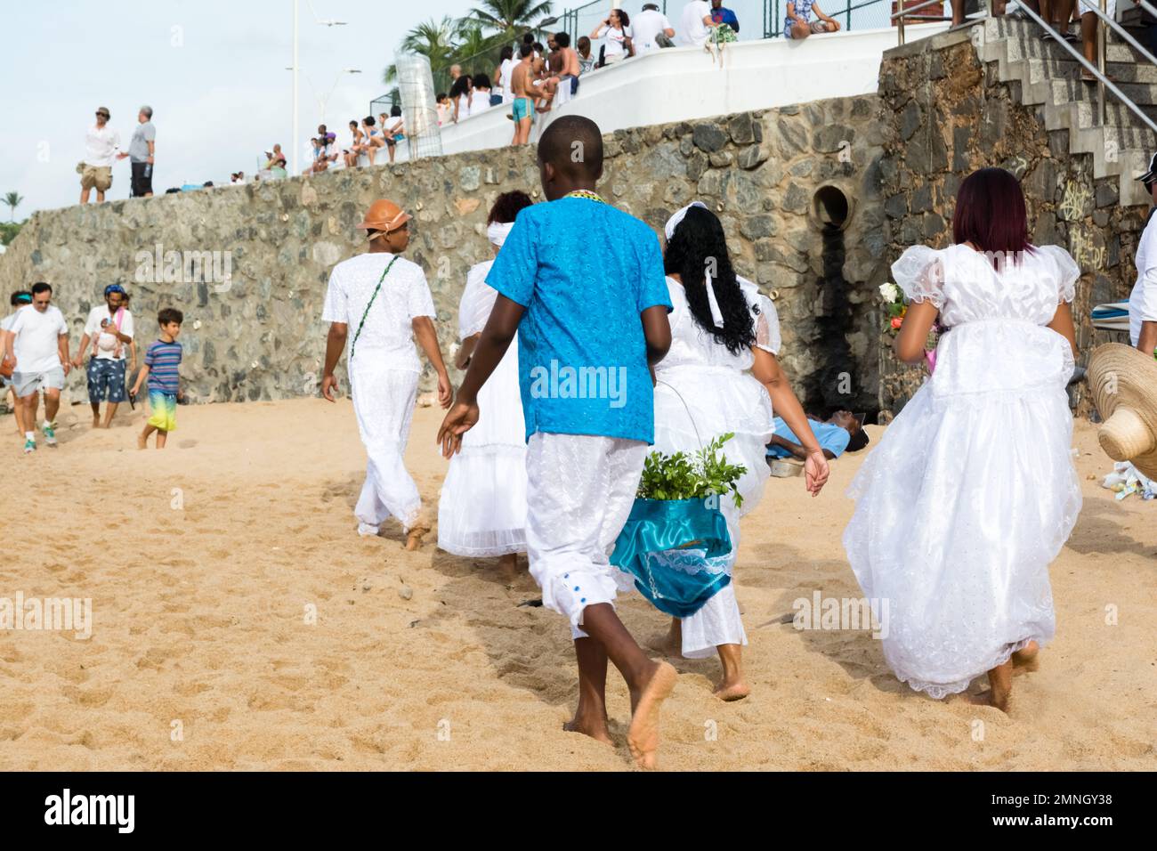 Salvador, Bahia, Brazil - February 02, 2017: Candomble fans revere Iemanja during the religious festival on Rio Vermelho beach in Salvador, Bahia. Stock Photo