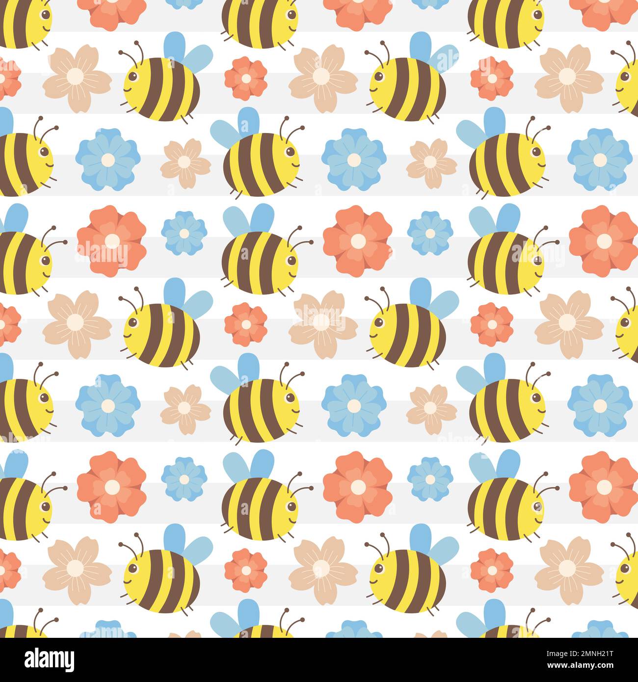 Fresh Colorful Spring Pattern With Bees And Flowers Vector Illustration ...