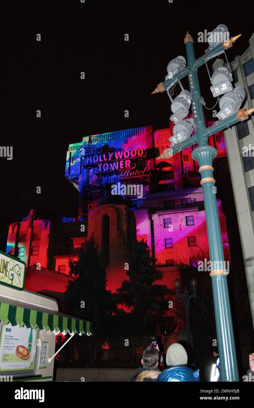 Hollywood Tower Hotel light show 30th anniversary at Disney’s Hollywood Studios in Disneyland Paris. The Twilight Zone at Disneyland Paris. Stock Photo