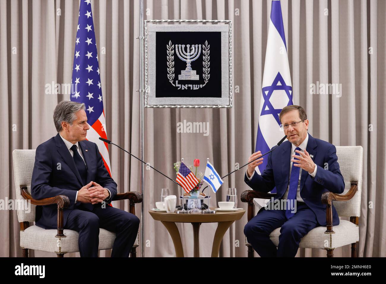 Jerusalem, Israel. 30th Jan, 2023. (230130) -- JERUSALEM, Jan. 30, 2023 (Xinhua) -- Israeli President Isaac Herzog (R) meets with U.S. Secretary of State Antony Blinken in Jerusalem, on Jan. 30, 2023. U.S. Secretary of State Antony Blinken visited Israel on Monday, urging Israelis and Palestinians to calm tensions and reiterating Washington's "ironclad" commitment to Israel's security. (Olivier Fitoussi/JINI via Xinhua) Credit: Xinhua/Alamy Live News Stock Photo