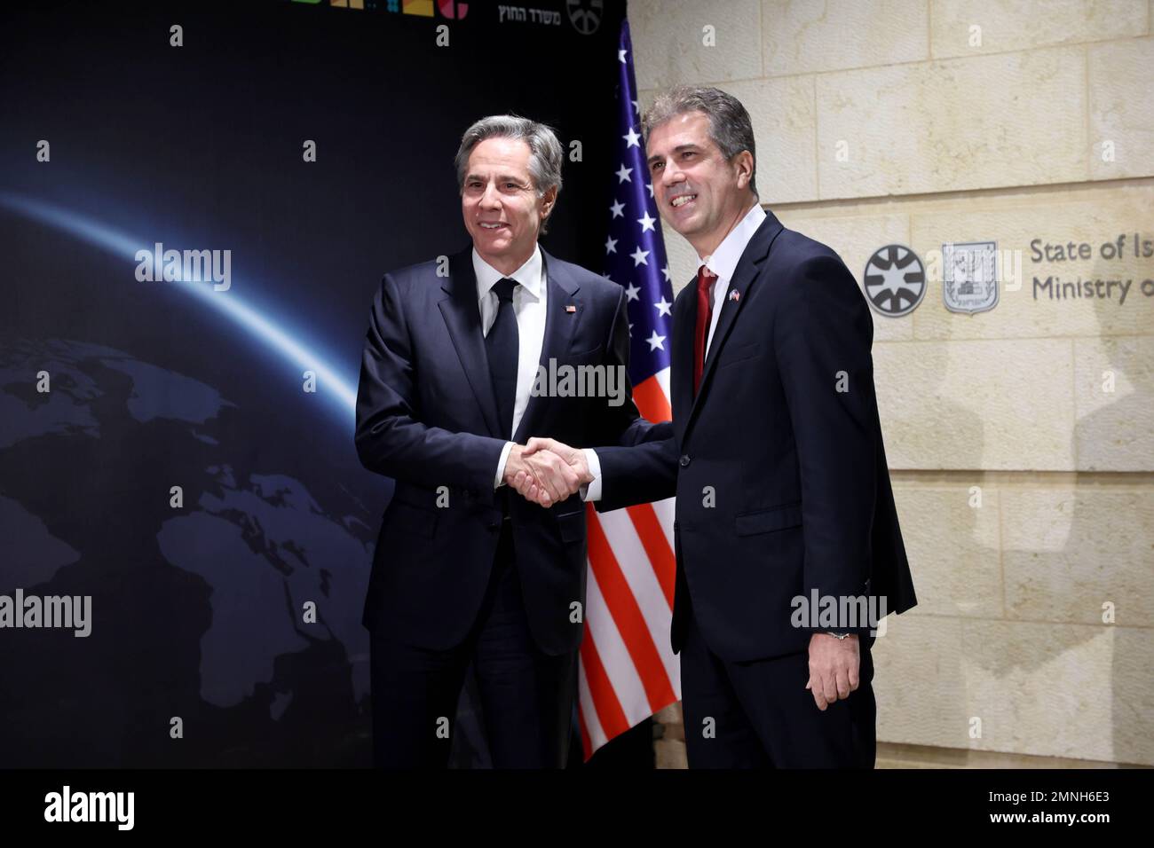 Jerusalem, Israel. 30th Jan, 2023. Jerusalem. 30th Jan, 2023. Israeli Foreign Minister Eli Cohen (R) shakes hands with U.S. Secretary of State Antony Blinken during their meeting in Jerusalem, on Jan. 30, 2023. U.S. Secretary of State Antony Blinken visited Israel on Monday, urging Israelis and Palestinians to calm tensions and reiterating Washington's "ironclad" commitment to Israel's security. Credit: Gil Cohen Magen/Xinhua/Alamy Live News Credit: Xinhua/Alamy Live News Stock Photo