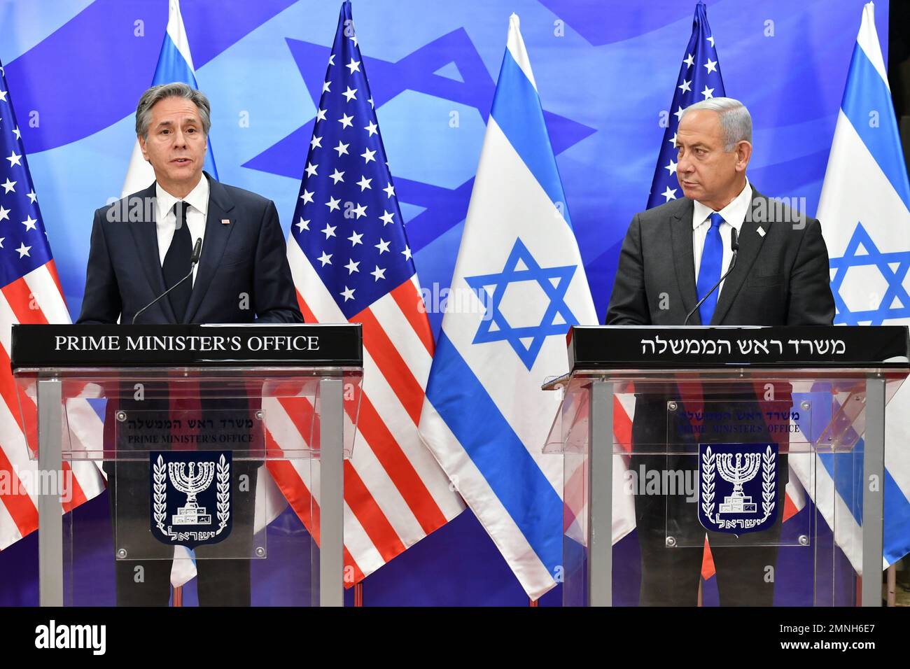 Jerusalem, Israel. 30th Jan, 2023. (230130) -- JERUSALEM, Jan. 30, 2023 (Xinhua) -- Israeli Prime Minister Benjamin Netanyahu (R) and U.S. Secretary of State Antony Blinken attend a press conference in Jerusalem, on Jan. 30, 2023. U.S. Secretary of State Antony Blinken visited Israel on Monday, urging Israelis and Palestinians to calm tensions and reiterating Washington's "ironclad" commitment to Israel's security. (Yoav Ari Dudkevitch/JINI via Xinhua) Credit: Xinhua/Alamy Live News Stock Photo
