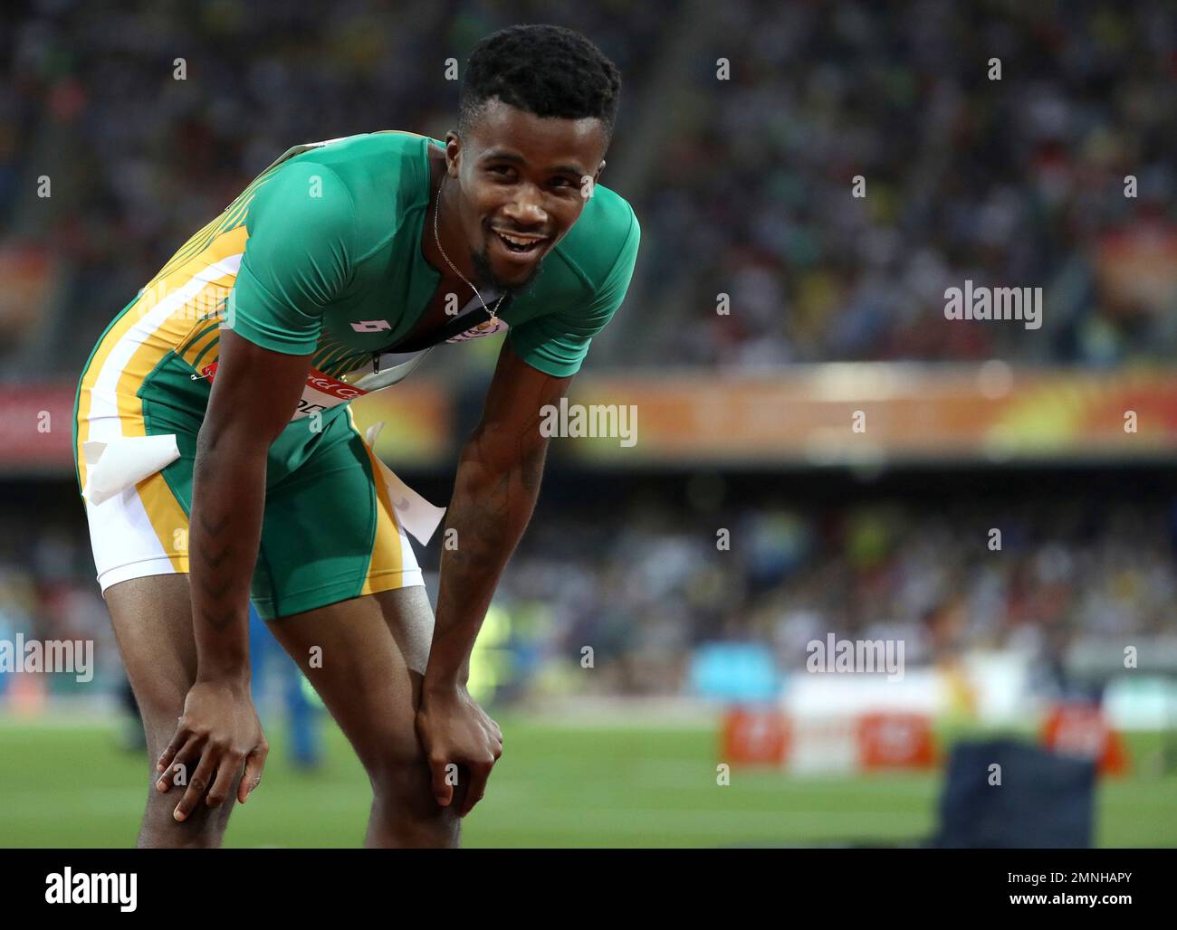 South Africa's Anaso Jobodwan reacts after his men's 200m semifinal at ...