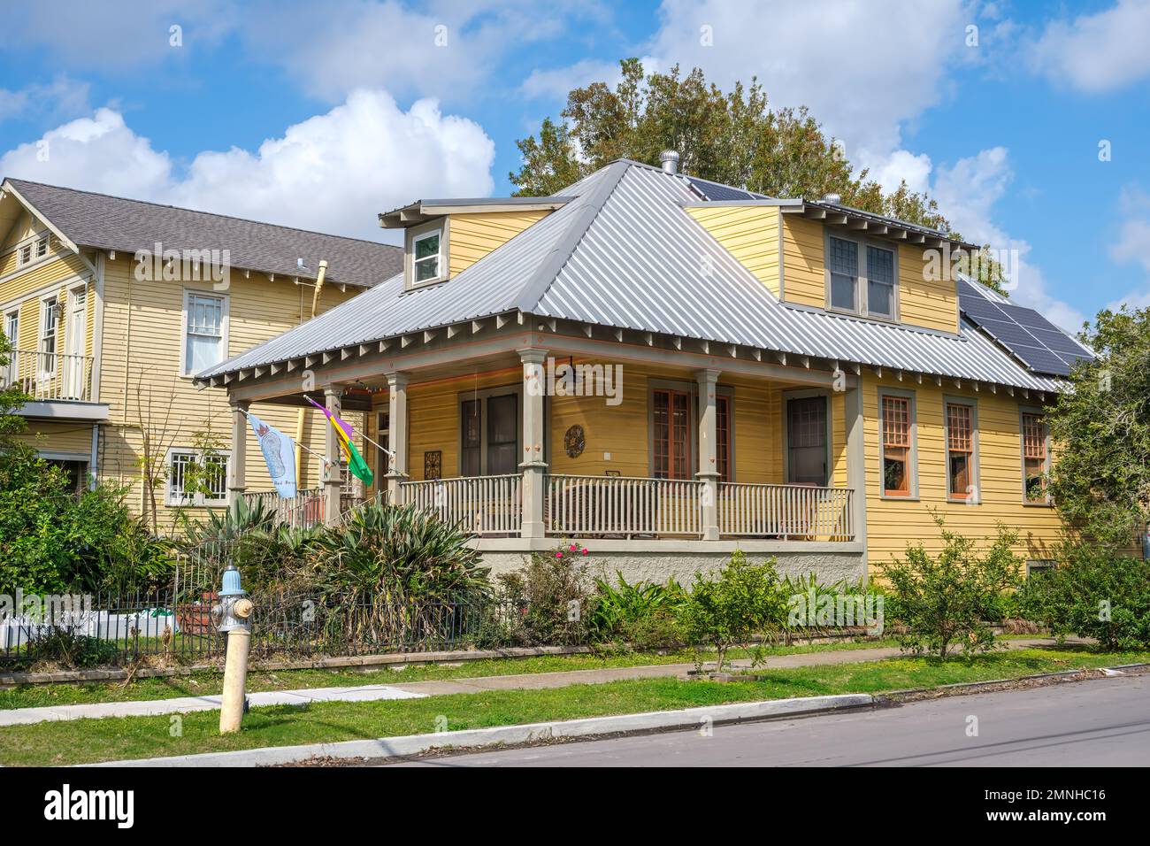 NEW ORLEANS, LA, USA - JANUARY 30, 2023: Full view of historic bungalow at the corner of Freret Street and Burdette Street in Carrollton Neighborhood Stock Photo