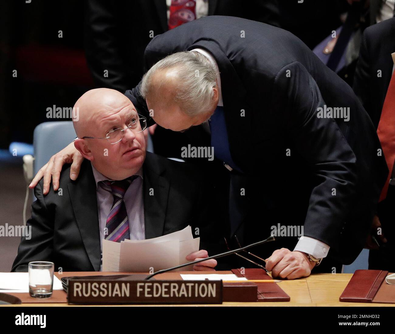 Russian Ambassador to the United Nations Vasily Nebenzya talks with