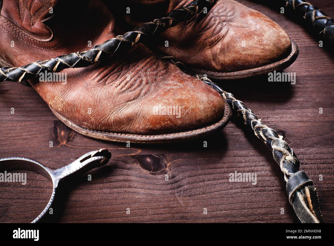 Leather riding boots for riding the horse with spurs and whip Stock