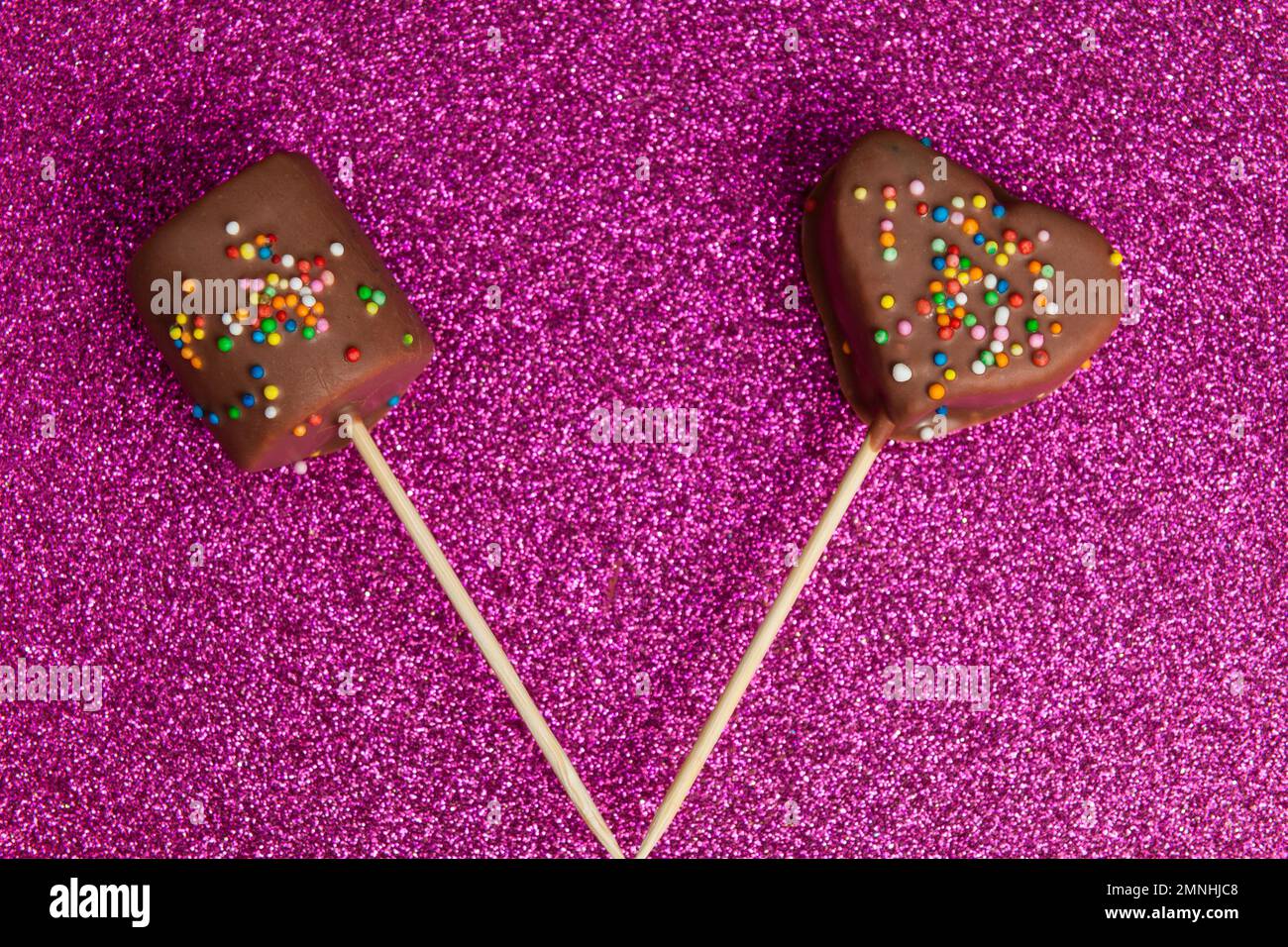 Marshmallows Covered With Chocolate And With Mini Colored Dragees. Stock Photo