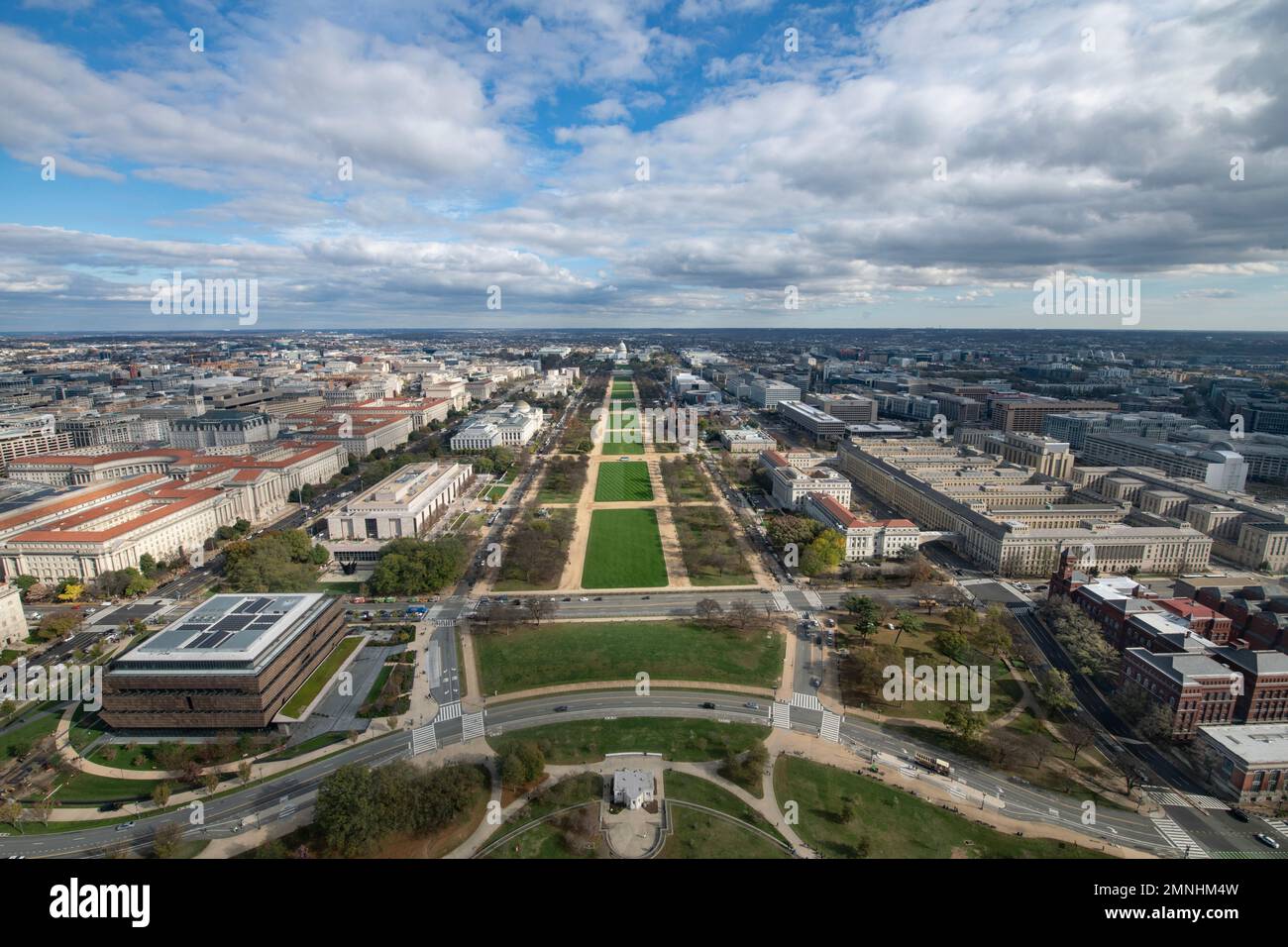 Eastern view from an observation window in the Washington Monument, in Washington, D.C., on Nov., 16, 2022.  Buildings along the National Mall include the U.S. Capitol, National Gallery and Museums, Smithsonian Castle, and U.S. Department of Agriculture USDA Whitten Building and the USDA Forest Service Yates Building, USDA Media by Lance Cheung.   USDA Media by Lance Cheung. Stock Photo
