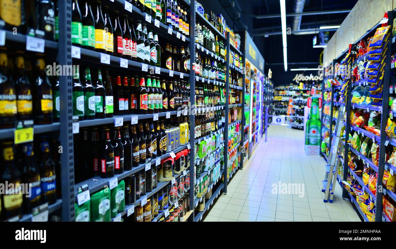 Warsaw, Poland. 20 January 2020. Shelf view of a Carrefour supermarket
