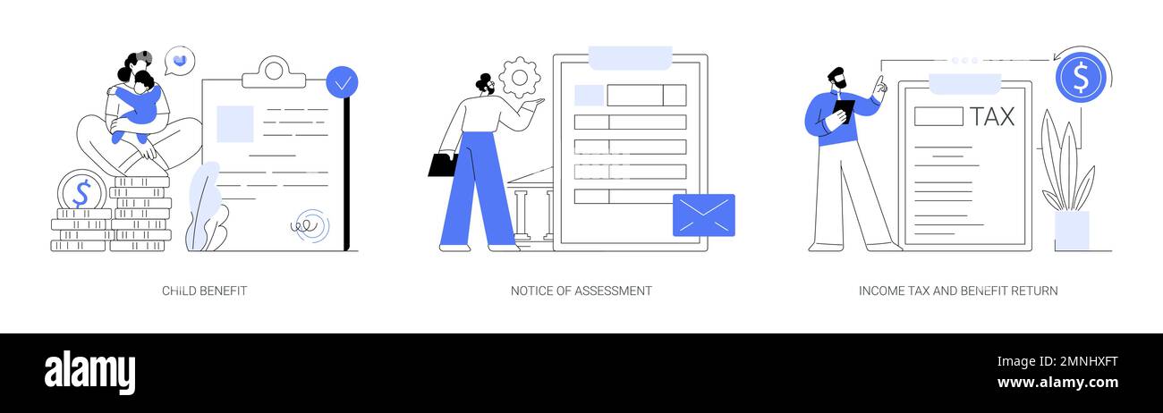 Income year abstract concept vector illustration set. Child benefit, notice of assessment, income tax and benefit return, dependent care costs, gather Stock Vector