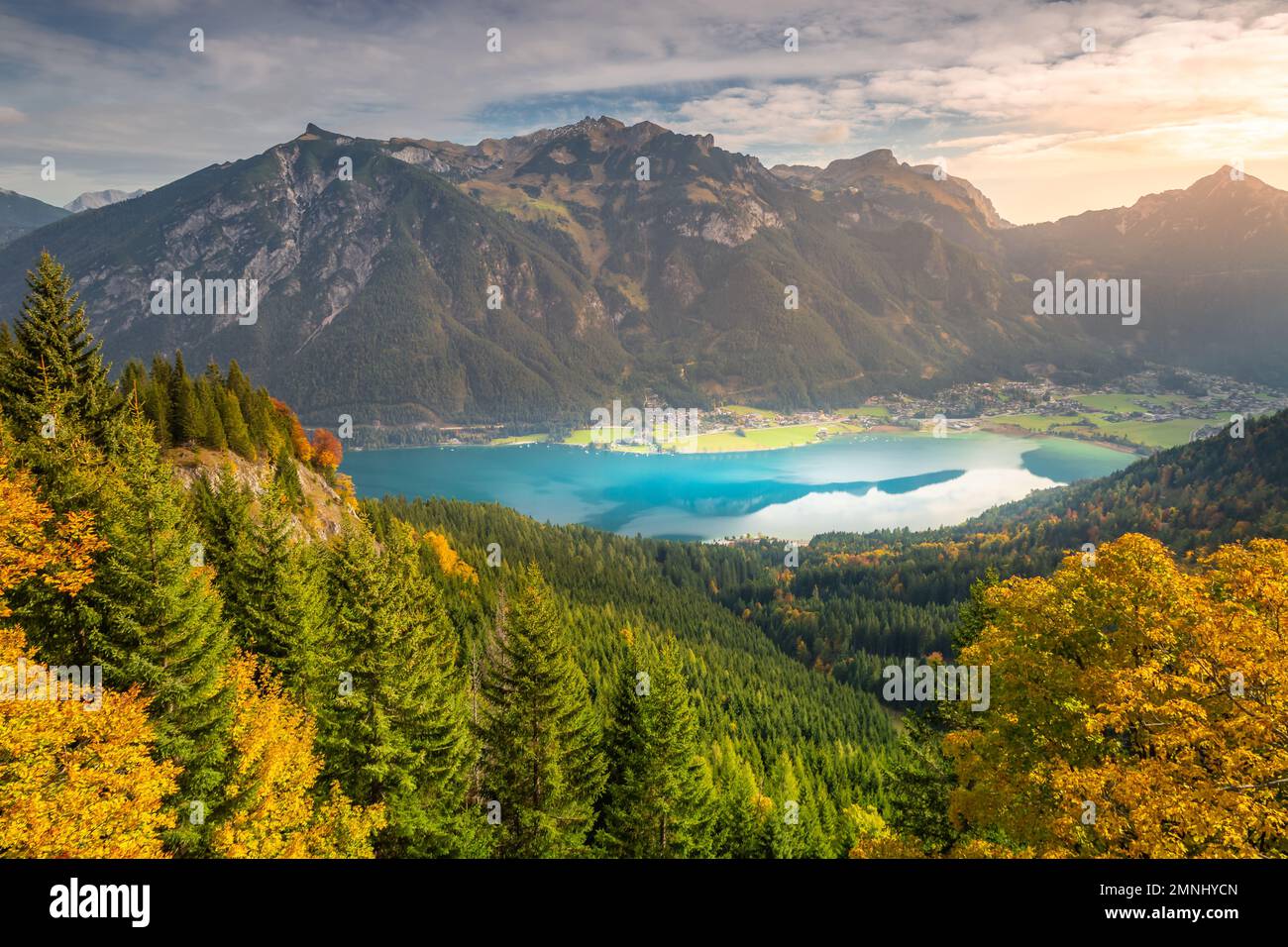 Jenbach Achensee lake from above Tyrol Karwendel alps at autumn near Innsbruck ...