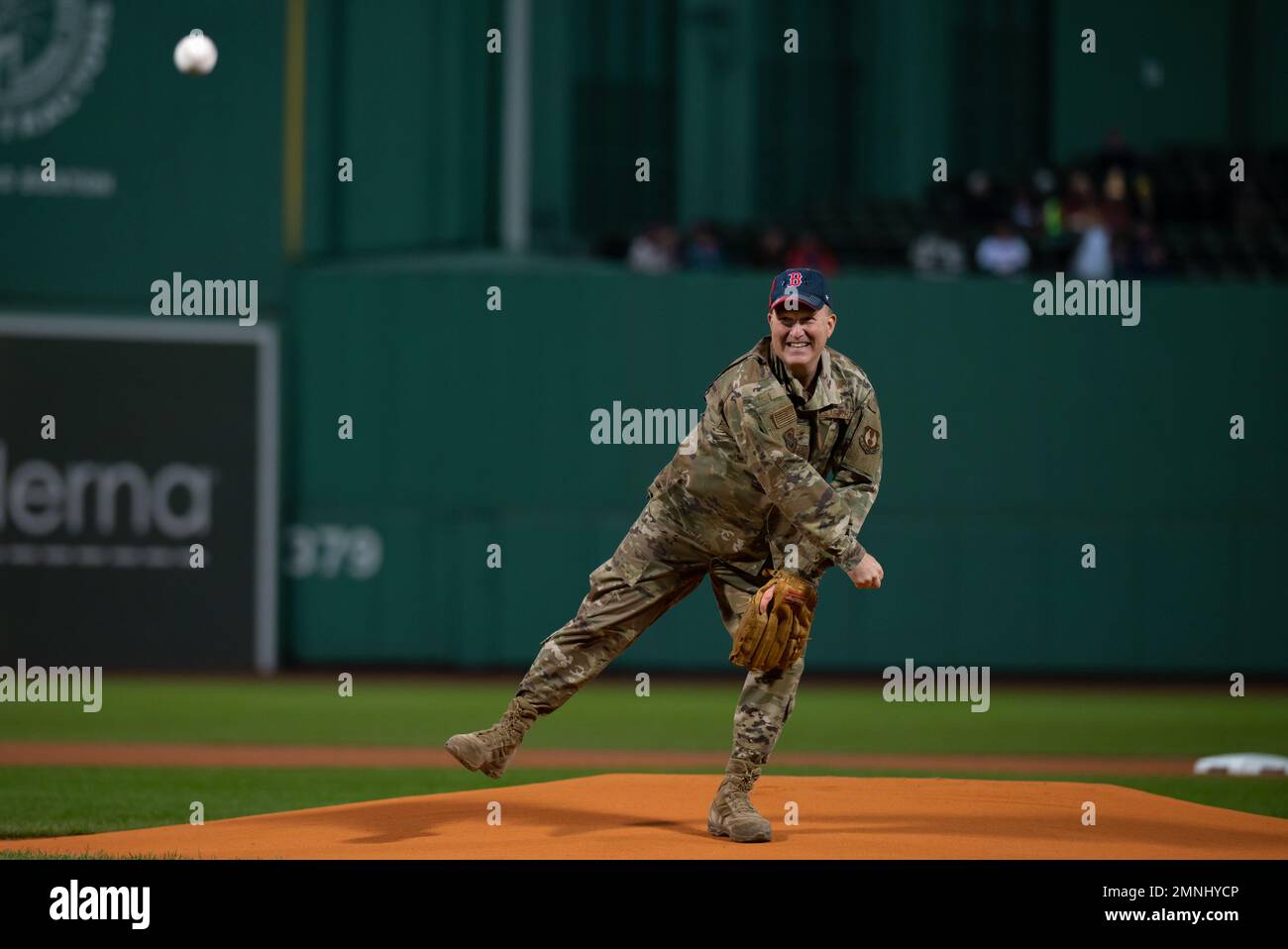 Maj. Gen. Anthony Genatempo, program executive officer, Command, Control, Communications, Intelligence and Networks, throws the first pitch prior to a Boston Red Sox game at Fenway Park in Boston, Sept. 4. Hanscom AFB has a long-standing community partnership with the Red Sox organization. Stock Photo