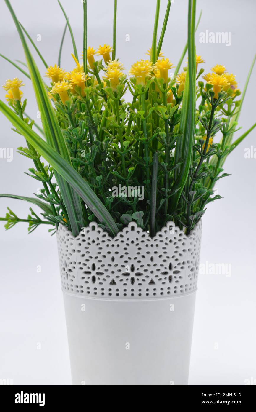 Plastic yellow flowers in pots home decoration isolated on white background Stock Photo