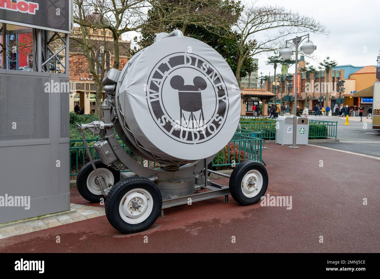 Walt Disney Studios film crew gear, big light with wheels used for light projection and decoration at Disneyland Paris Stock Photo