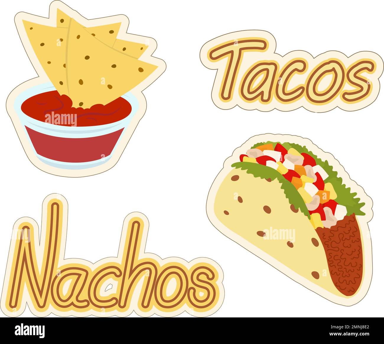 Set of Mexican food nachos and tacos stickers with lettering. Latin