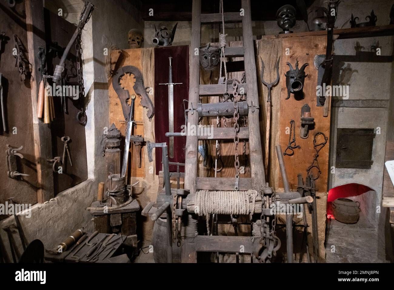 Torture instruments, torture chamber, Prague Castle, Prague, Czech Republic Stock Photo