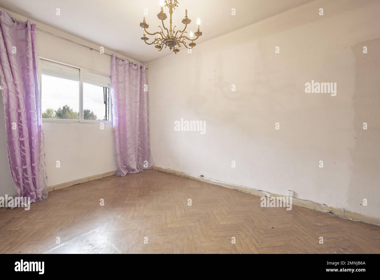 Empty room with white painted walls, wood-look sintasol floor and white aluminum windows with pink curtains Stock Photo