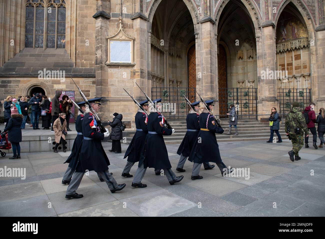 Guard troop marching, St Vitus Cathedral, Prague Castle, Prague, Czech Republic Stock Photo