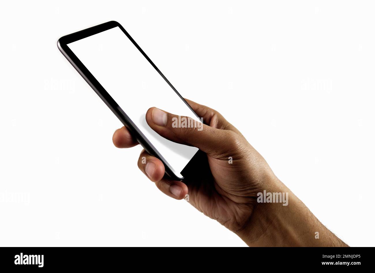 Hand holding mobile smart phone with blank screen, isolated on white ...