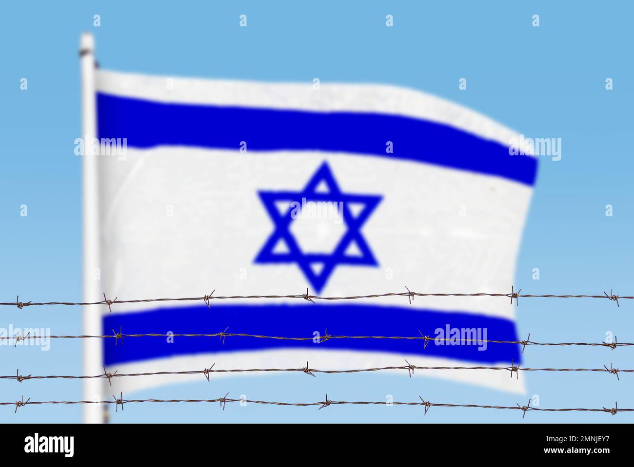 Israeli Border Sign Metal fence with barbed wire on a Israeli flag. Separation concept ...