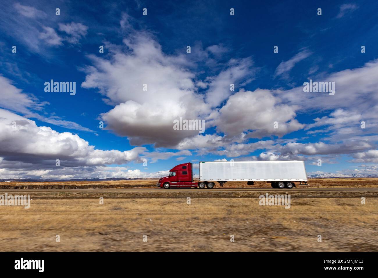 USA, Idaho, Boise, Semi truck travels in I 84 Stock Photo