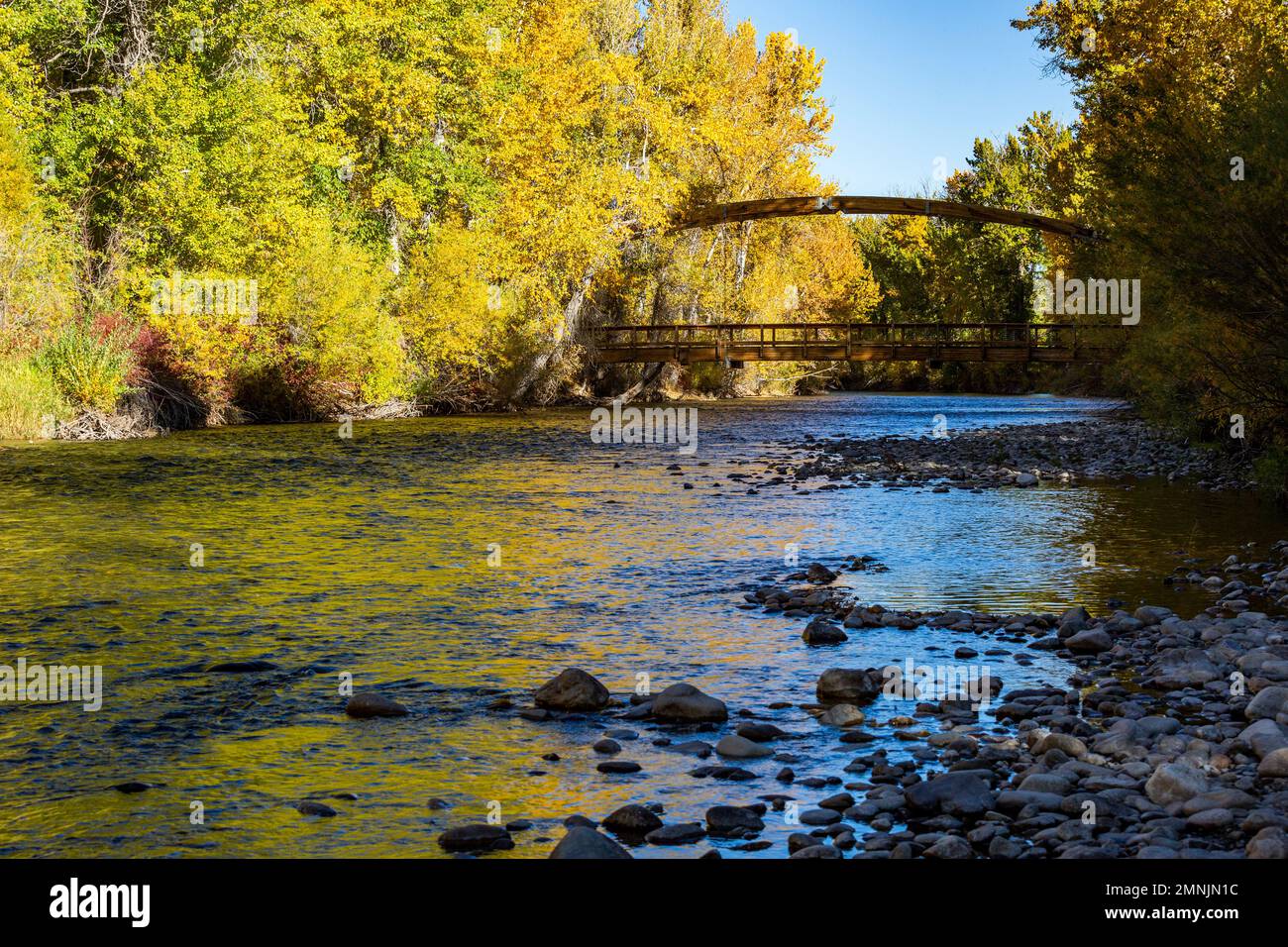 USA, Idaho, Hailey, Big Wood River in fall with view of Bow Bridge