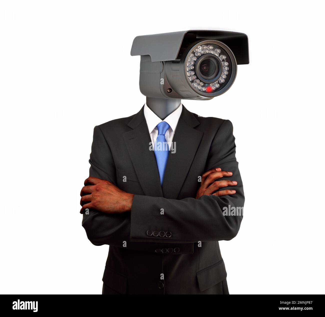 Portrait of a businessman with surveillance camera on head as concept of surveillance isolated cutout on white background Stock Photo
