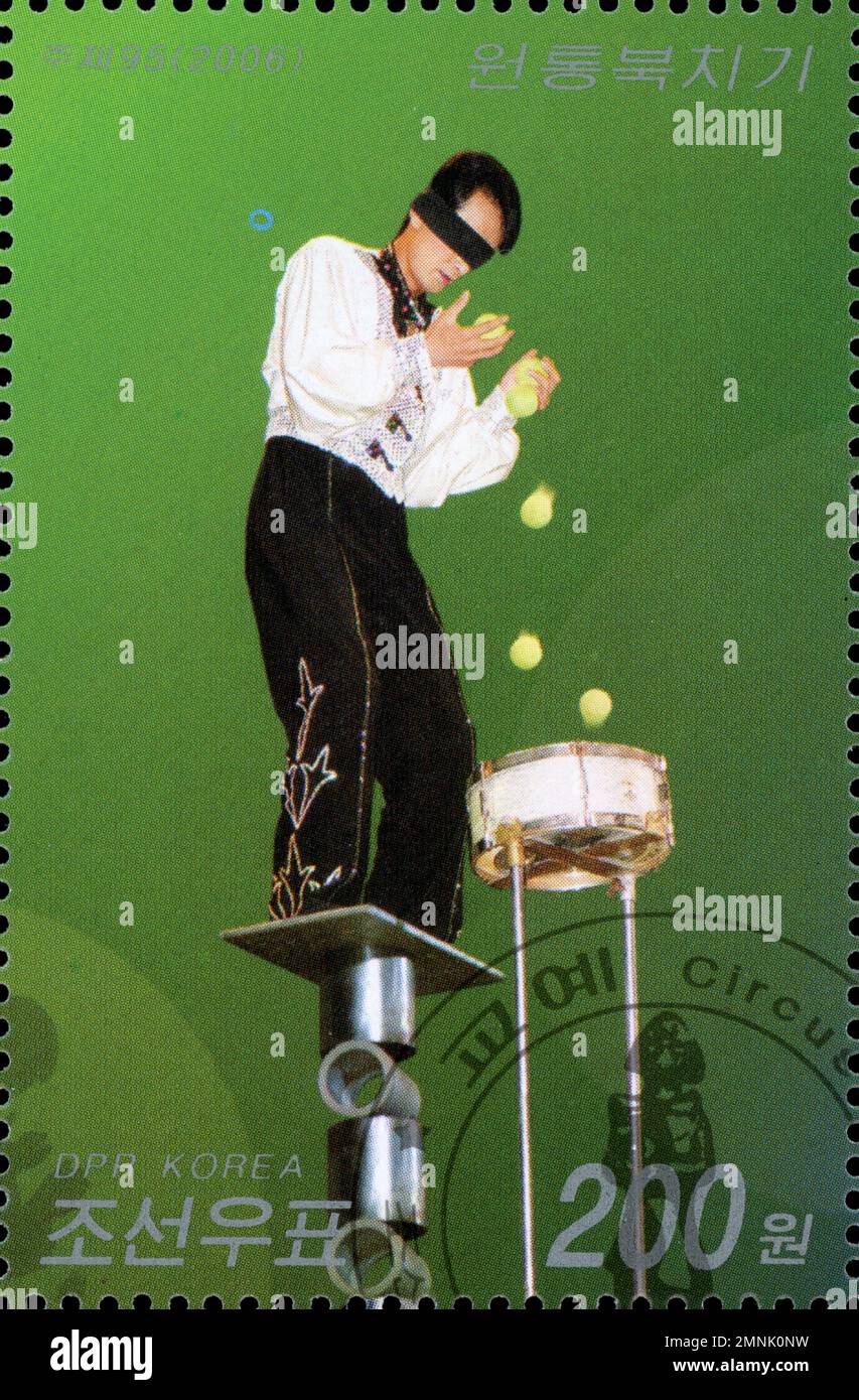 North Korean postage stamp from 2006 featuring a blindfolded circus ...