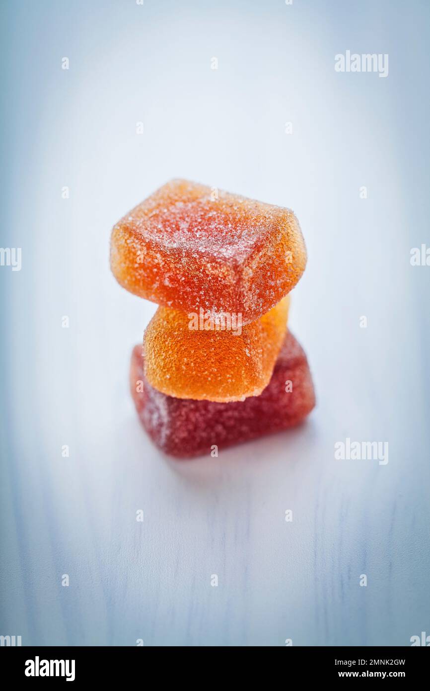 sweet colorful fruit sugar gummy candies on top Stock Photo