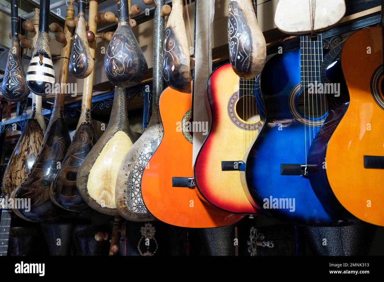 Traditional Moroccan musical instruments for sale in medina Stock Photo