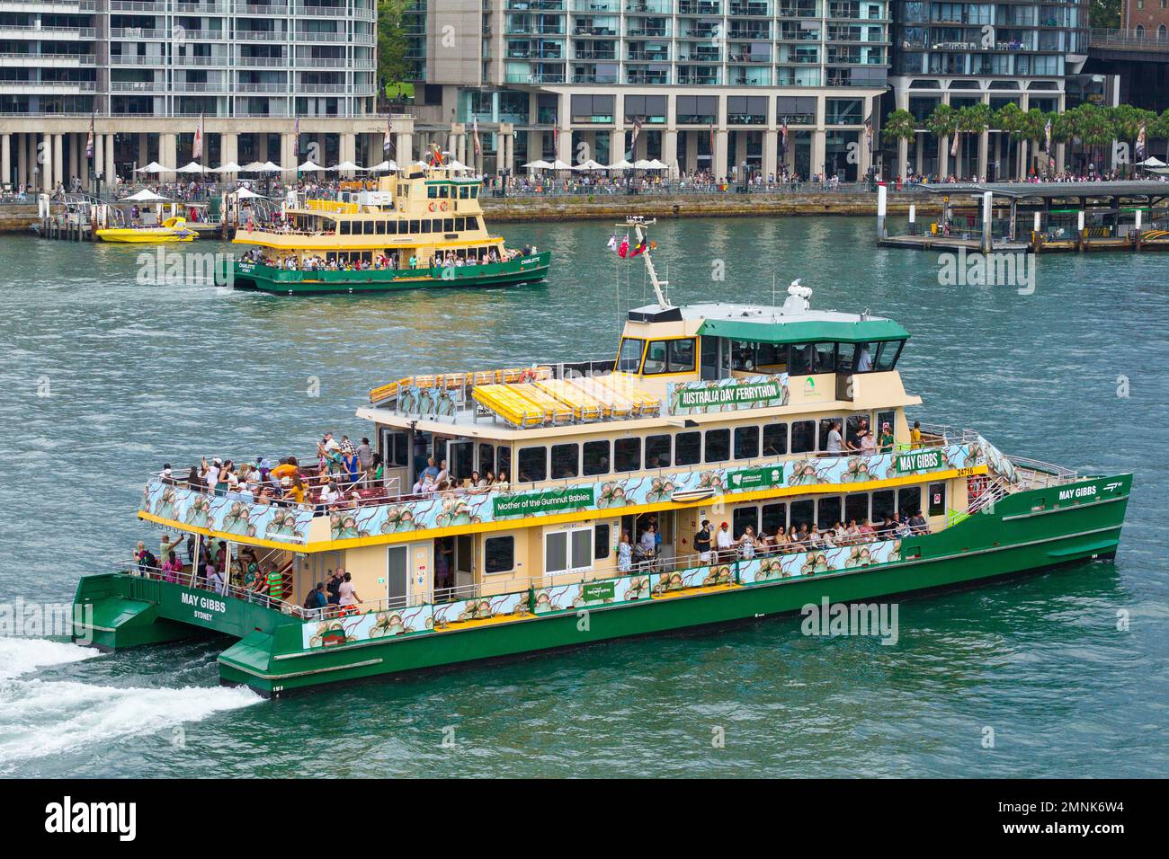 Australia Day activities and festivities on Sydney Harbour on 26 January 2023. Pictured: Sydney Ferry 'May Gibbs' decorated in Ferrython signage. Stock Photo