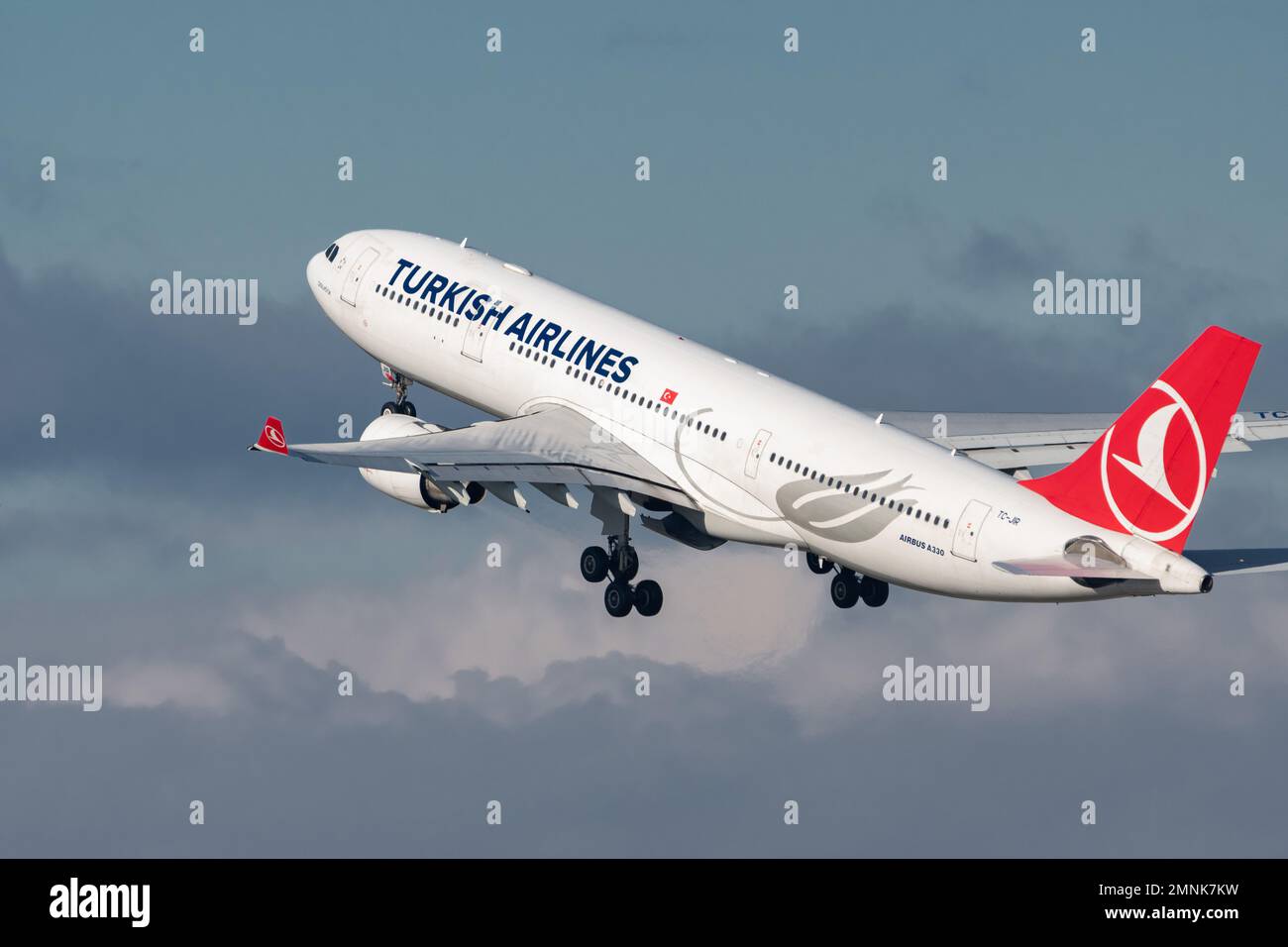 Zurich, Switzerland, January 19, 2023 Turkish airlines Airbus A330-223 aircraft is taking off from runway 28 Stock Photo