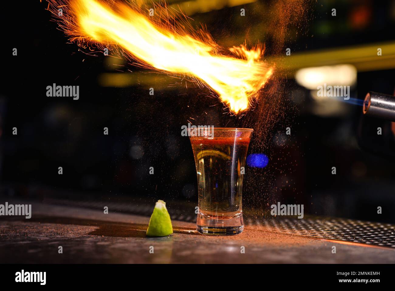 Flaming Mexican Tequila shot on bar counter Stock Photo Alamy