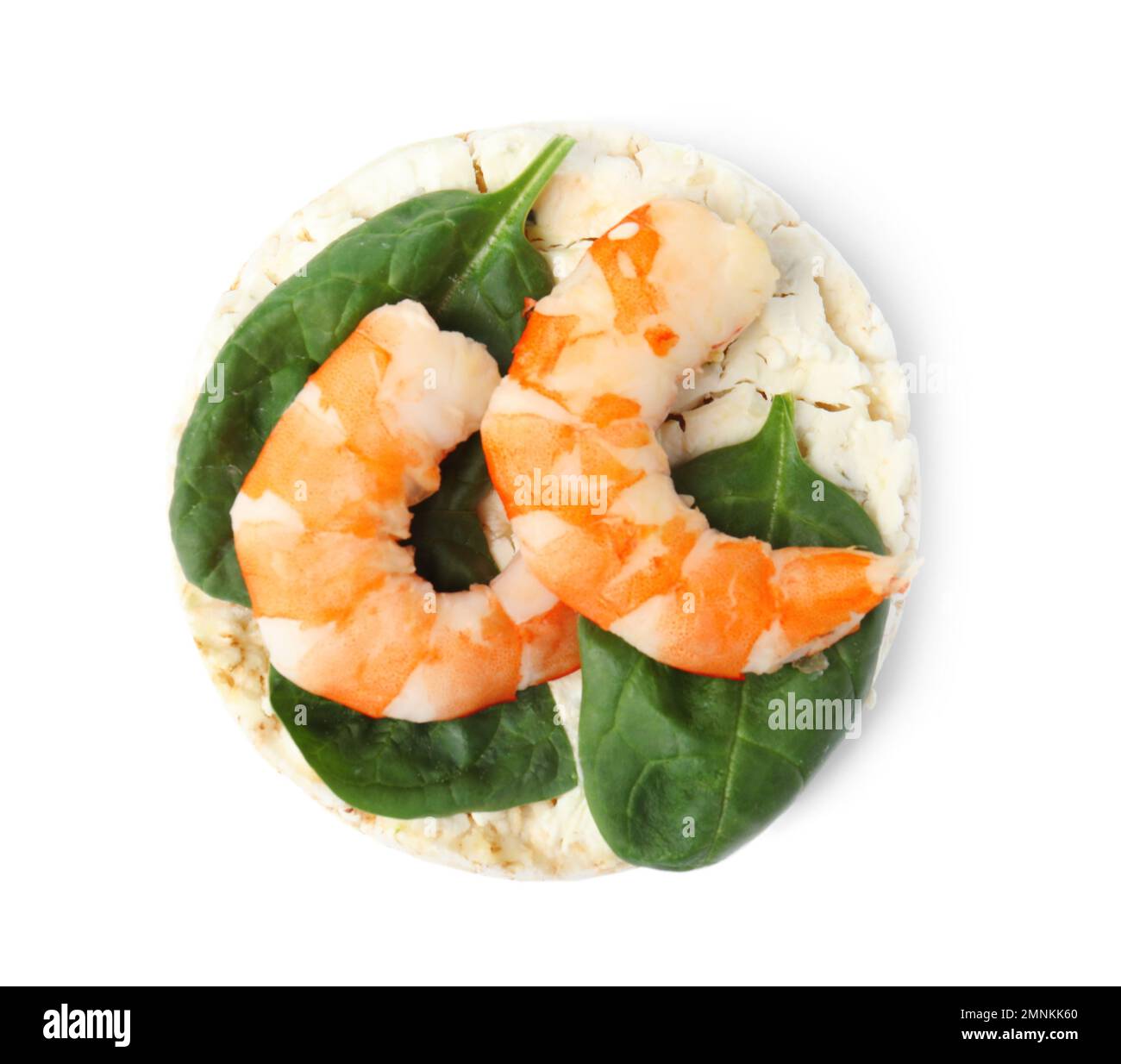 Puffed rice cake with shrimps and basil isolated on white, top view Stock Photo