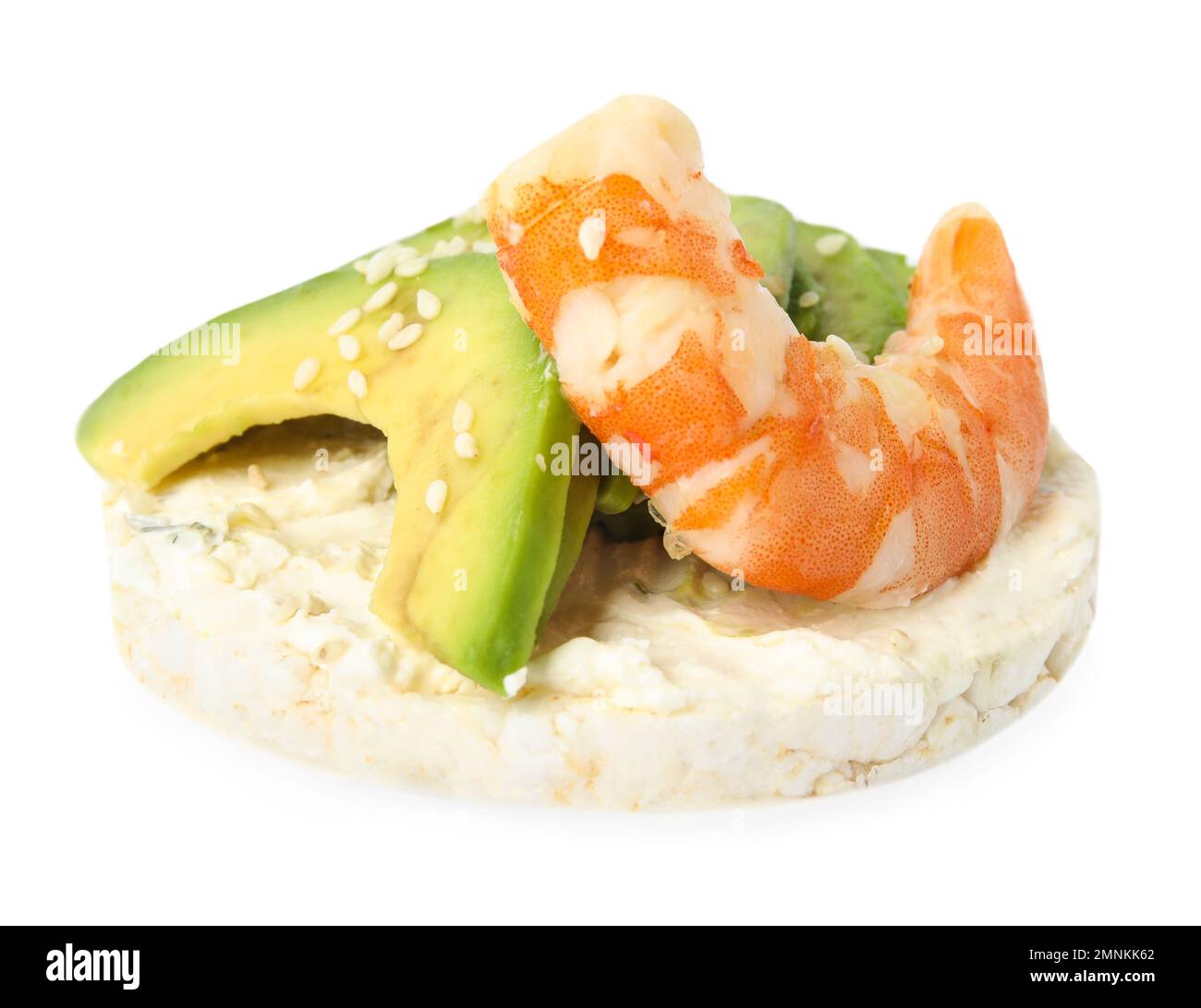 Puffed rice cake with shrimp and avocado isolated on white Stock Photo
